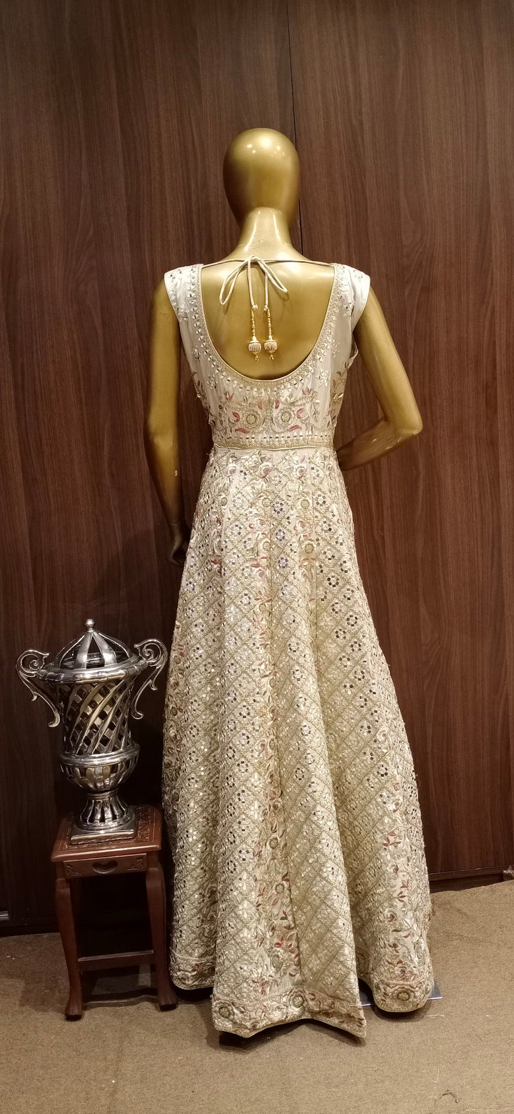 Of-White Anarkali Cocktail Gown with Embellished Neckline and Silk Embroidery