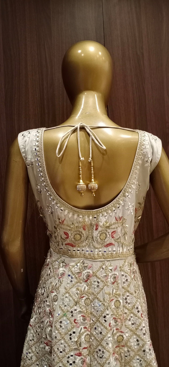 Of-White Anarkali Cocktail Gown with Embellished Neckline and Silk Embroidery