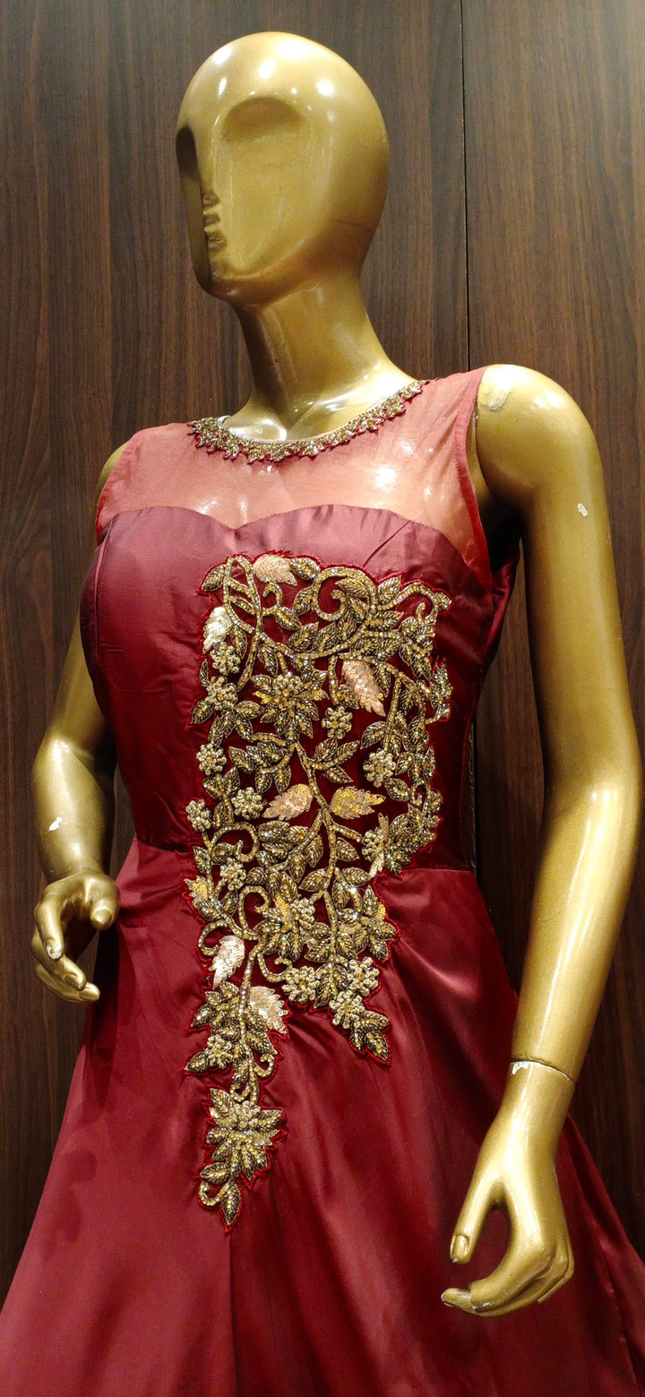 Ruby Colour Anarkali Cocktail Gown with zardozi and Swarovski Work