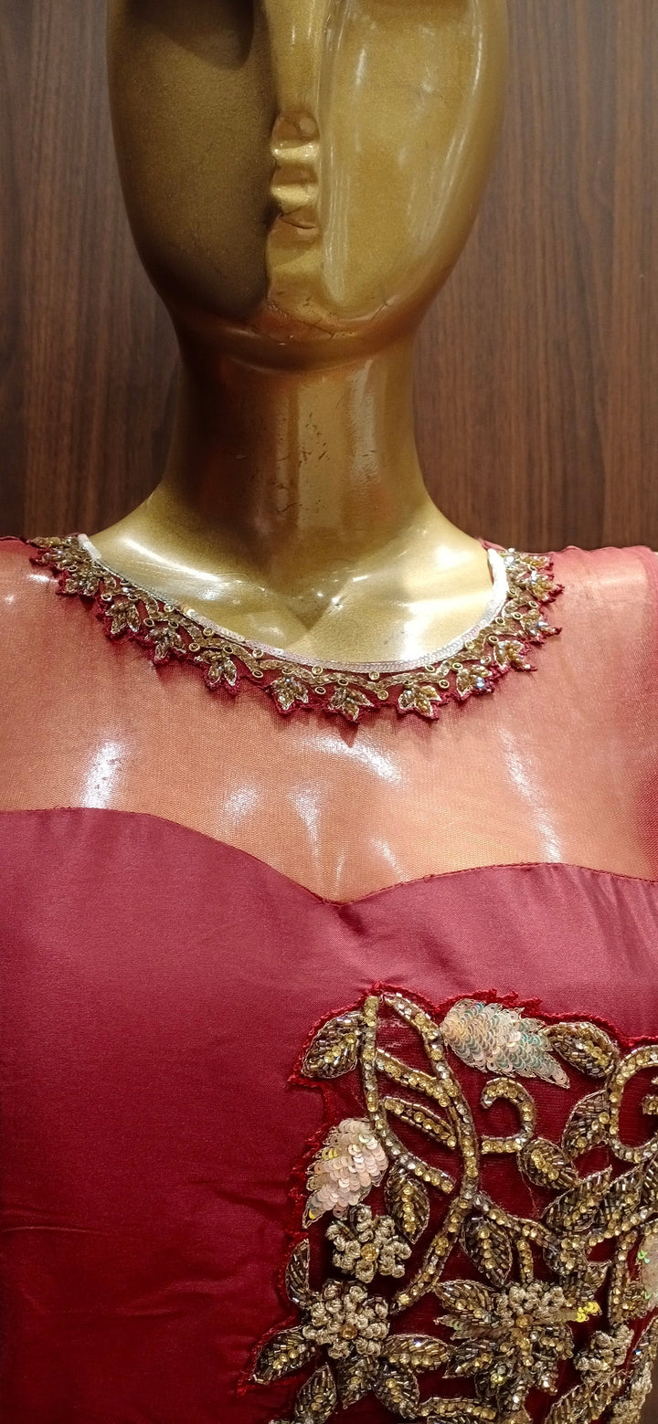 Ruby Colour Anarkali Cocktail Gown with zardozi and Swarovski Work