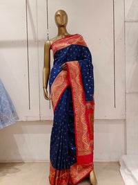 Chhabra 555 Navy Blue Bright Zari Embellished Silk Blend Saree With Contrast Border & Pallu