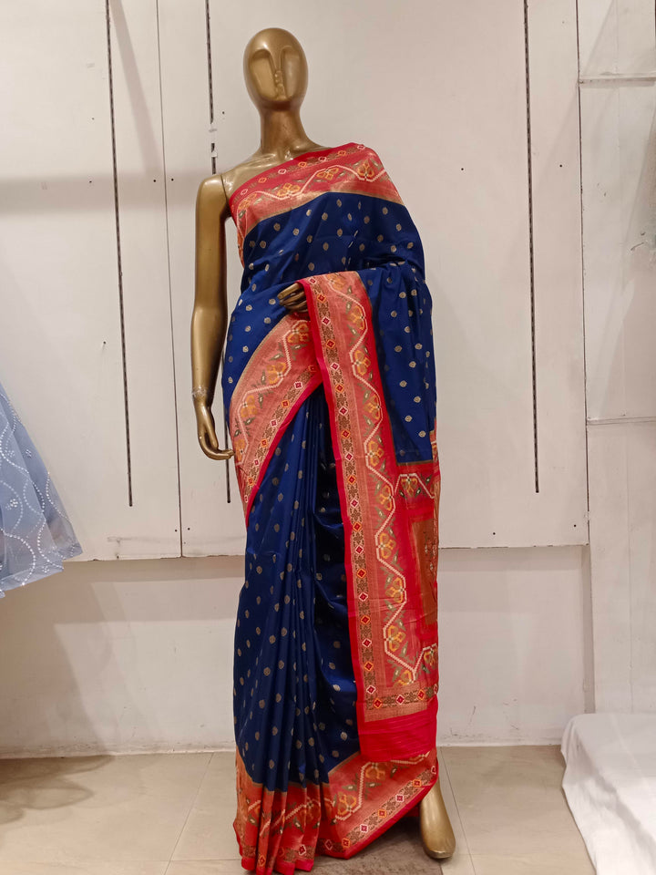 Chhabra 555 Navy Blue Bright Zari Embellished Silk Blend Saree With Contrast Border & Pallu