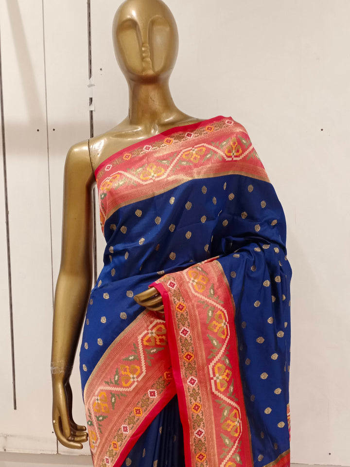 Chhabra 555 Navy Blue Bright Zari Embellished Silk Blend Saree With Contrast Border & Pallu