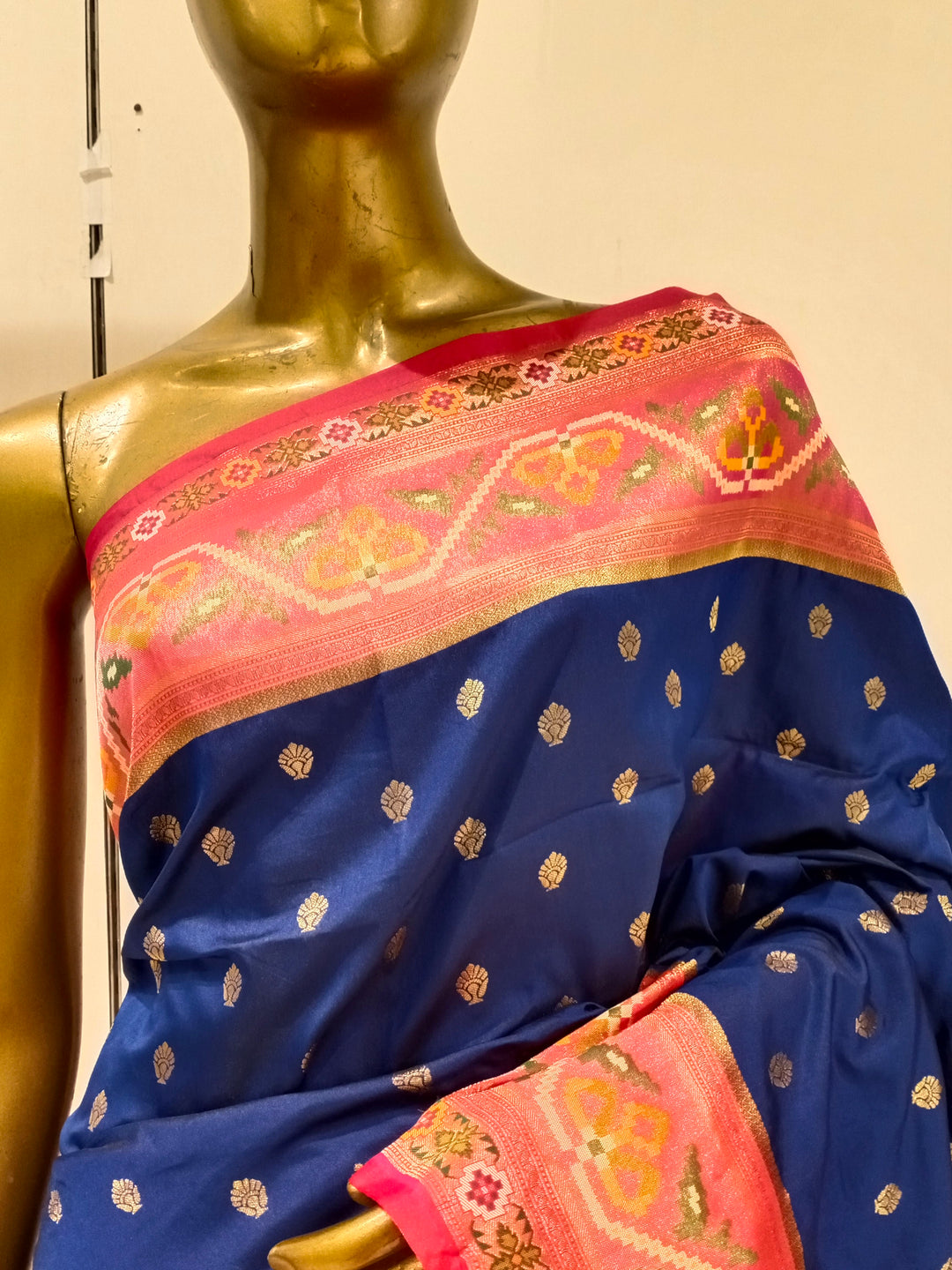 Chhabra 555 Navy Blue Bright Zari Embellished Silk Blend Saree With Contrast Border & Pallu