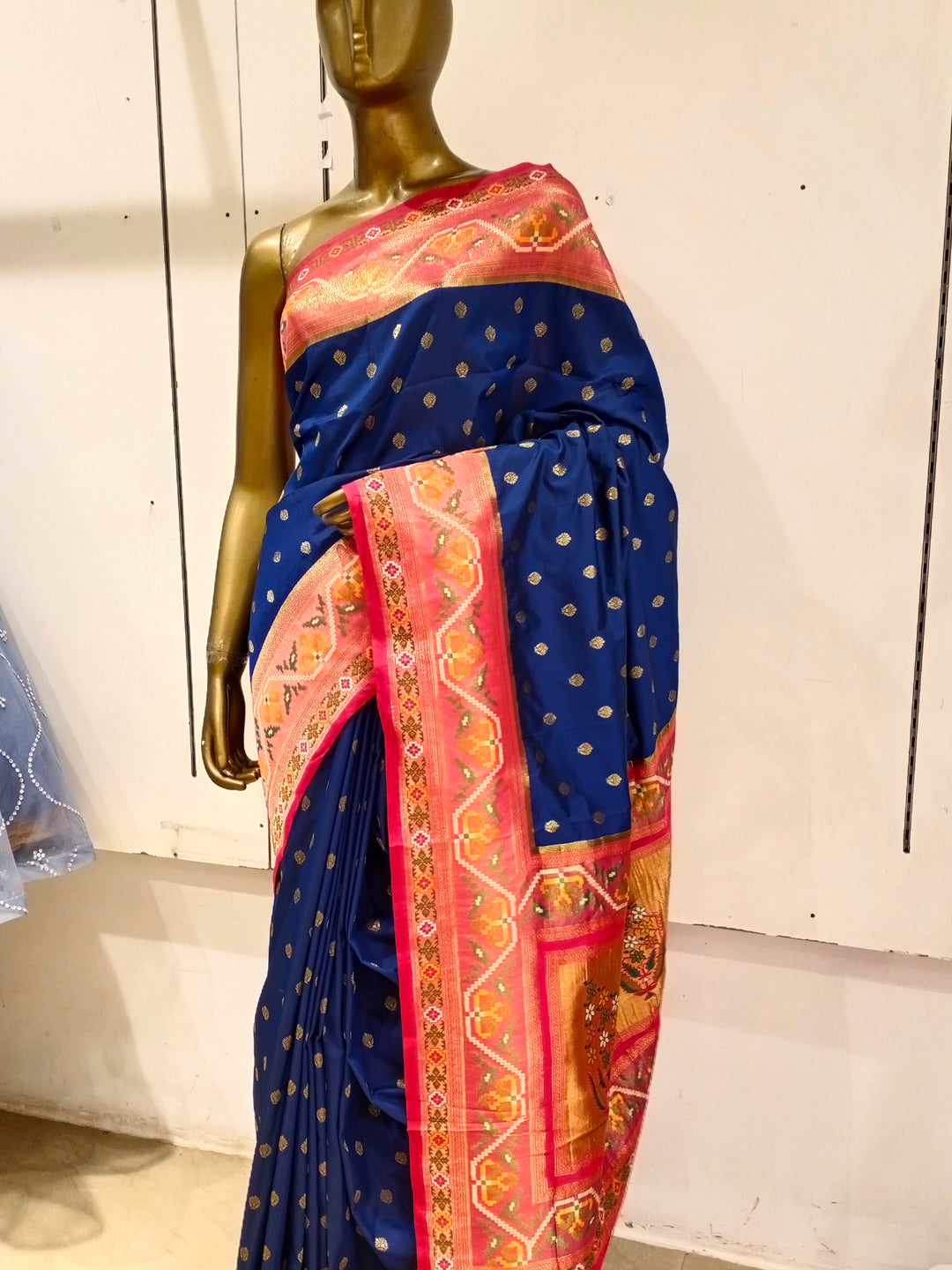 Chhabra 555 Navy Blue Bright Zari Embellished Silk Blend Saree With Contrast Border & Pallu