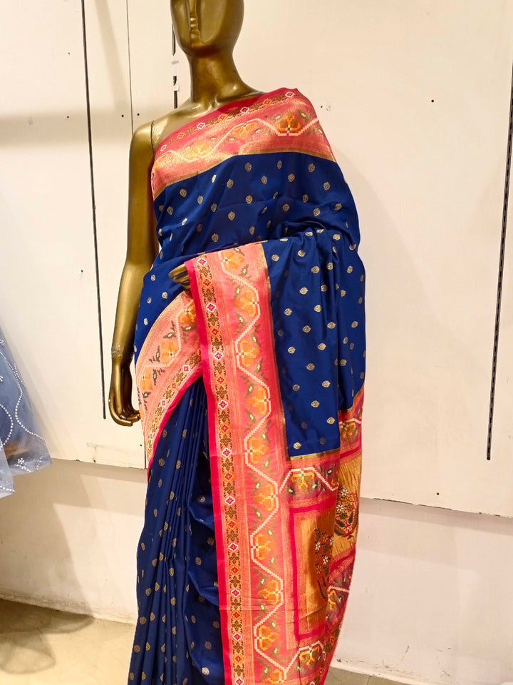 Chhabra 555 Navy Blue Bright Zari Embellished Silk Blend Saree With Contrast Border & Pallu