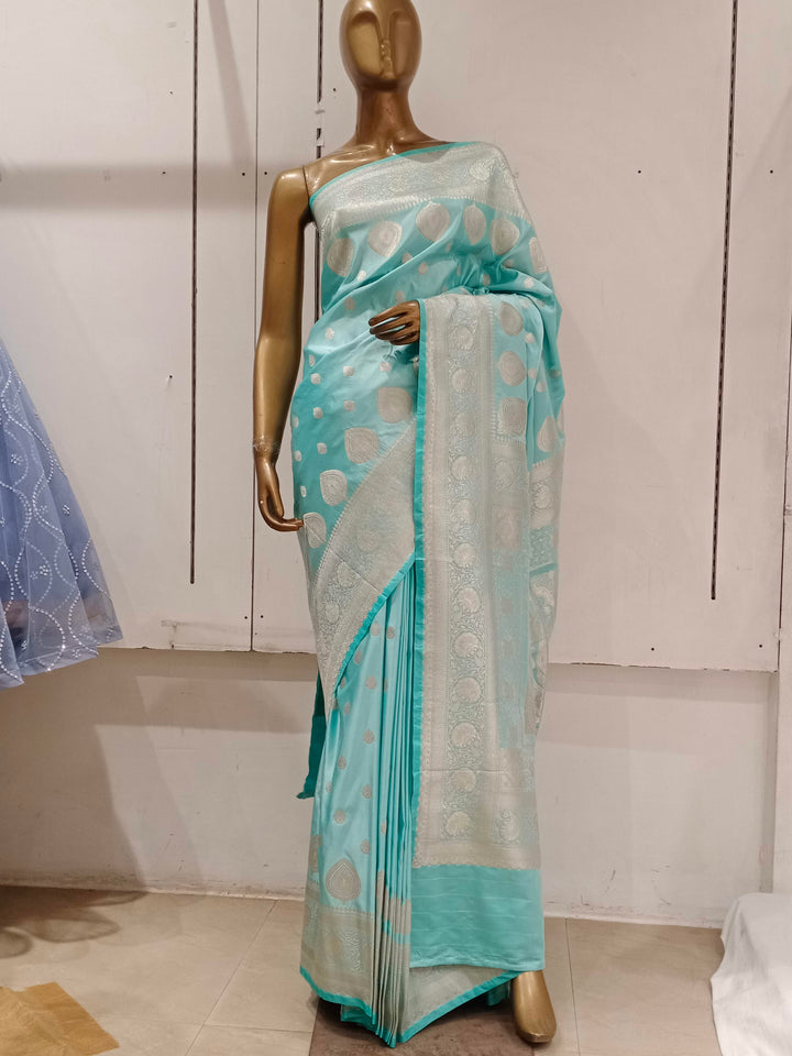 Chhabra 555 Turquoise Blue Pastel Zari Embellished Heavy Kanjeewaram Saree