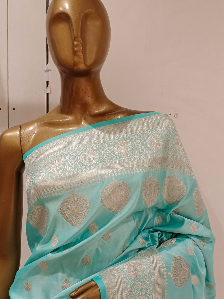 Chhabra 555 Turquoise Blue Pastel Zari Embellished Heavy Kanjeewaram Saree
