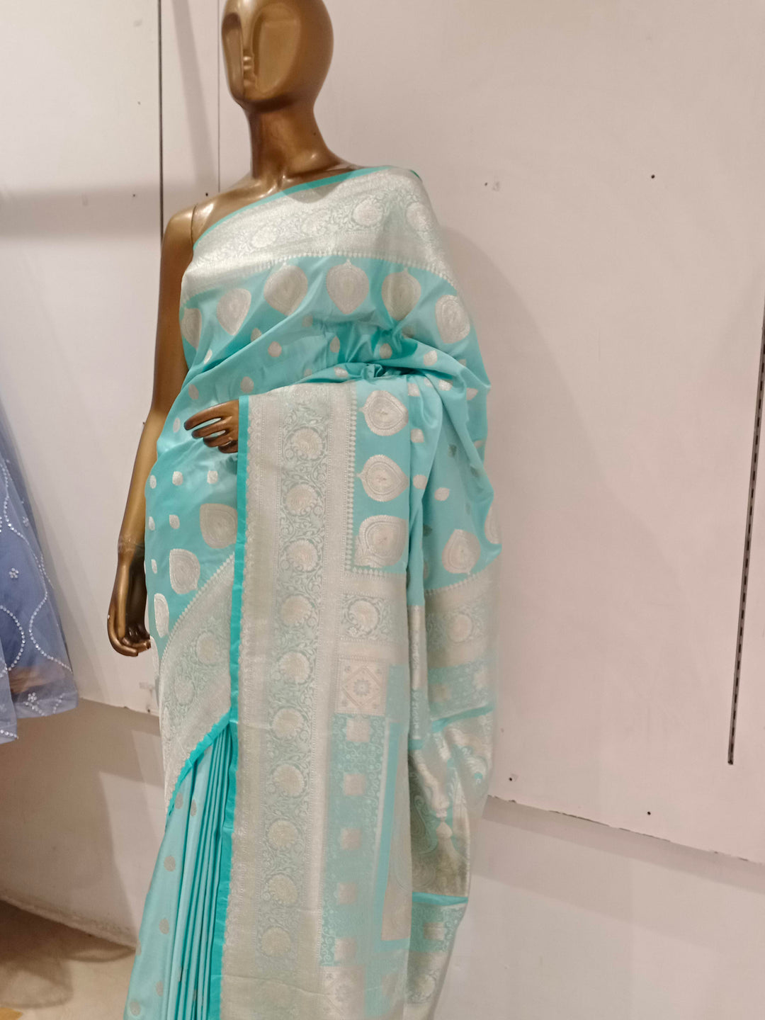 Chhabra 555 Turquoise Blue Pastel Zari Embellished Heavy Kanjeewaram Saree