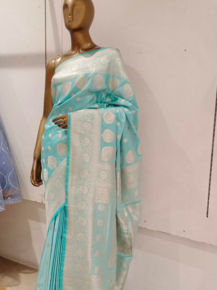 Chhabra 555 Turquoise Blue Pastel Zari Embellished Heavy Kanjeewaram Saree