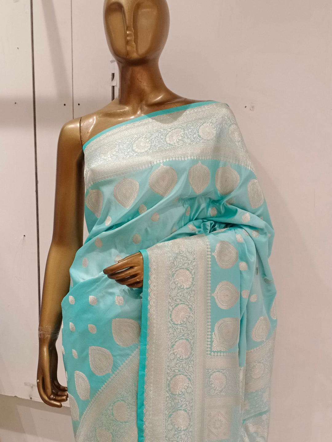 Chhabra 555 Turquoise Blue Pastel Zari Embellished Heavy Kanjeewaram Saree