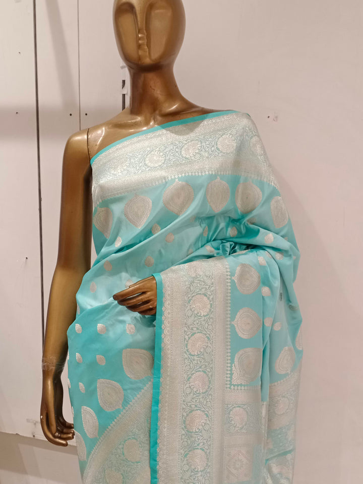 Chhabra 555 Turquoise Blue Pastel Zari Embellished Heavy Kanjeewaram Saree