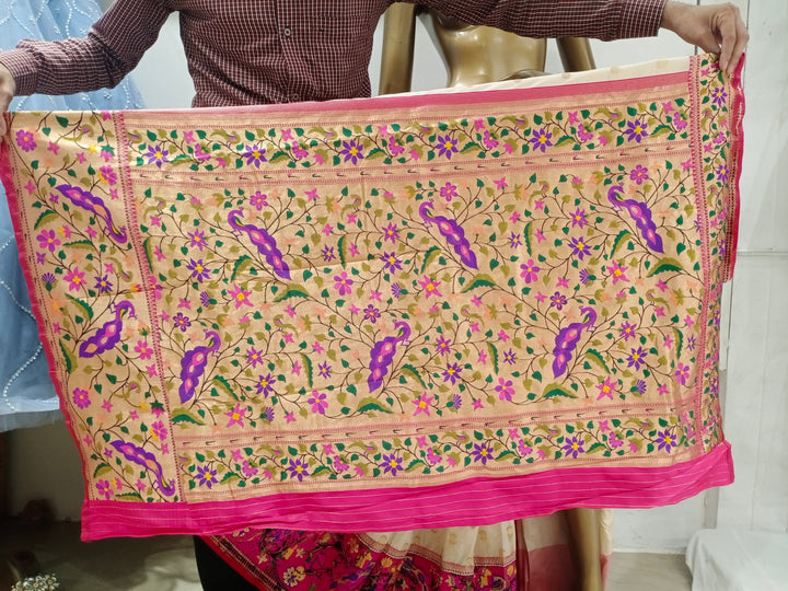 Chhabra 555 Off White Bright Zari Embellished Silk Blend Saree With Contrast Border & Pallu