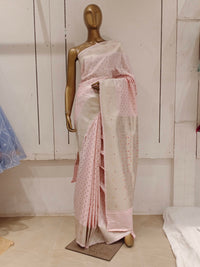 Chhabra 555 Pastel Baby Pink Resham & Zari Embroidered Woven Embellished Silk Blend Saree