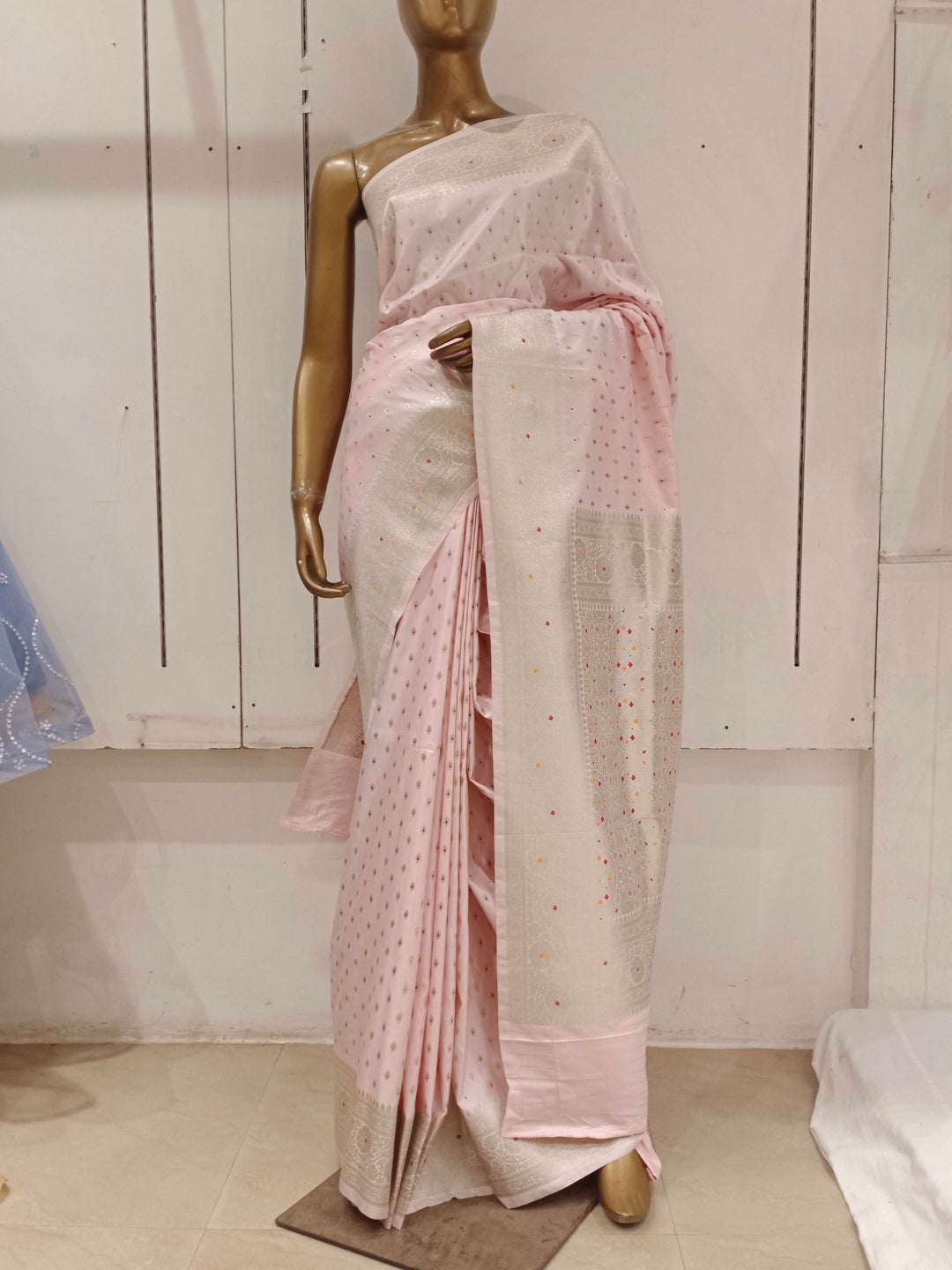 Chhabra 555 Pastel Baby Pink Resham & Zari Embroidered Woven Embellished Silk Blend Saree