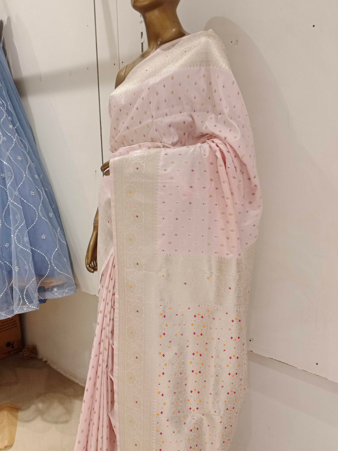 Chhabra 555 Pastel Baby Pink Resham & Zari Embroidered Woven Embellished Silk Blend Saree