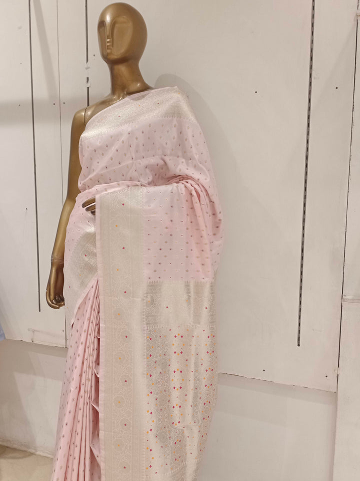 Chhabra 555 Pastel Baby Pink Resham & Zari Embroidered Woven Embellished Silk Blend Saree