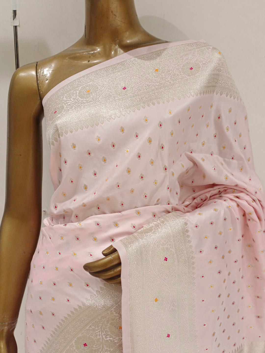 Chhabra 555 Pastel Baby Pink Resham & Zari Embroidered Woven Embellished Silk Blend Saree