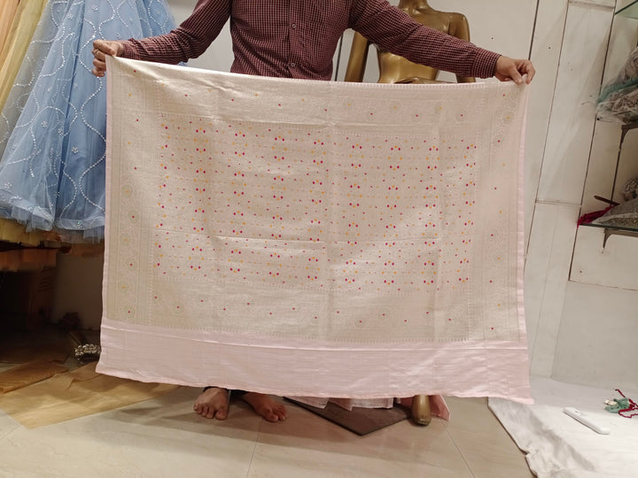 Chhabra 555 Pastel Baby Pink Resham & Zari Embroidered Woven Embellished Silk Blend Saree
