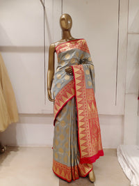 Chhabra 555 Silver Grey Zari Woven Embellished Silk Saree With Contrast Border & Pallu