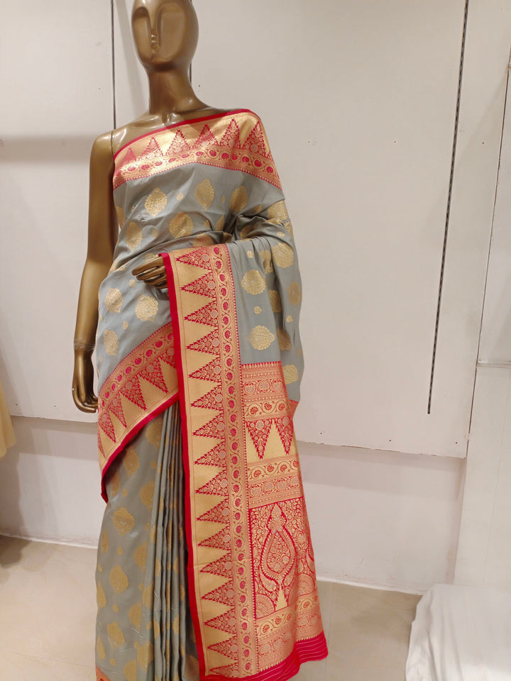 Chhabra 555 Silver Grey Zari Woven Embellished Silk Saree With Contrast Border & Pallu