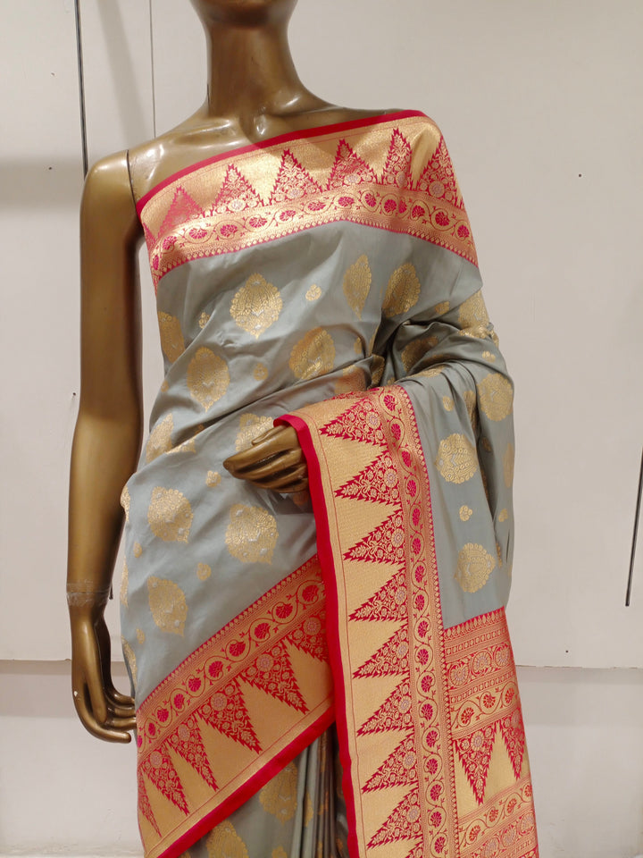 Chhabra 555 Silver Grey Zari Woven Embellished Silk Saree With Contrast Border & Pallu
