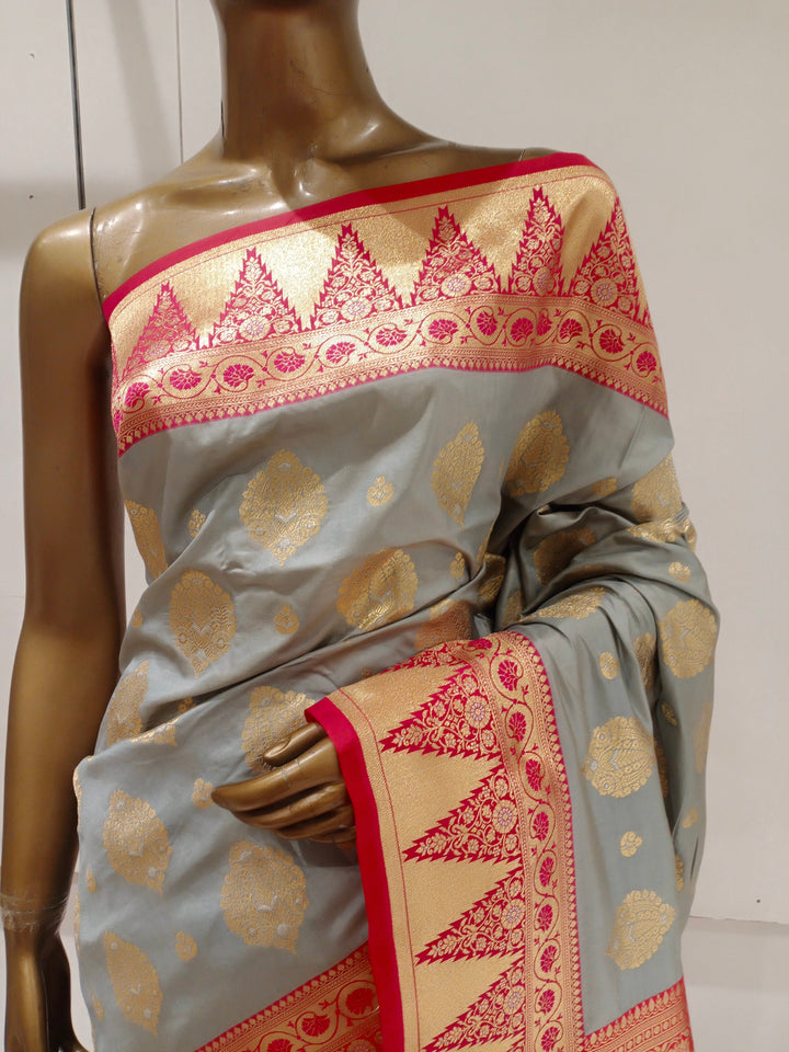 Chhabra 555 Silver Grey Zari Woven Embellished Silk Saree With Contrast Border & Pallu