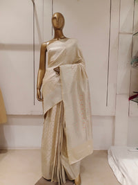 Chhabra 555 Cream Resham & Zari Embroidered Woven Embellished Silk Blend Saree