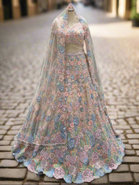 Cream Floral Embroidered Net Lehenga