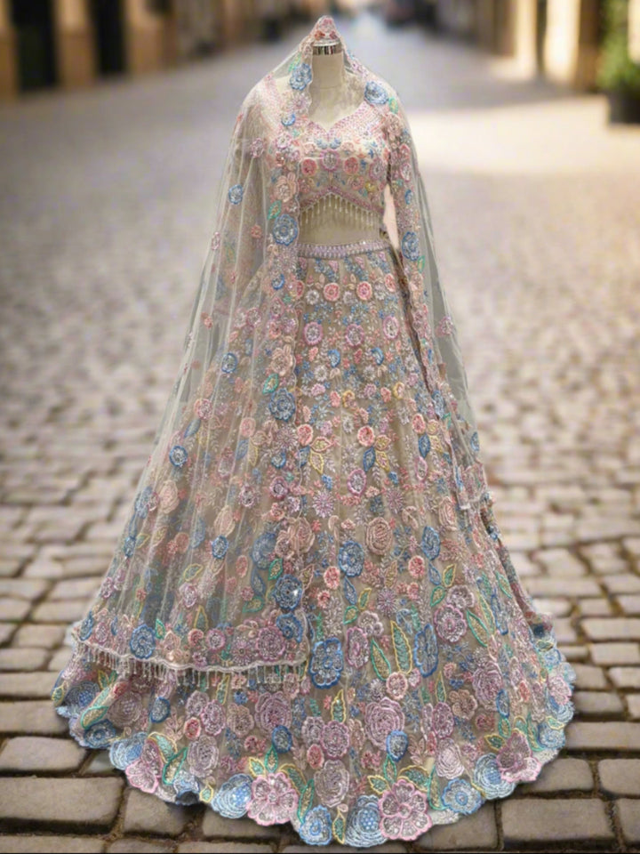 Cream Floral Embroidered Net Lehenga