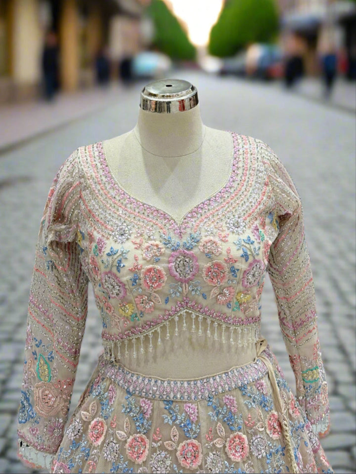 Cream Floral Embroidered Net Lehenga