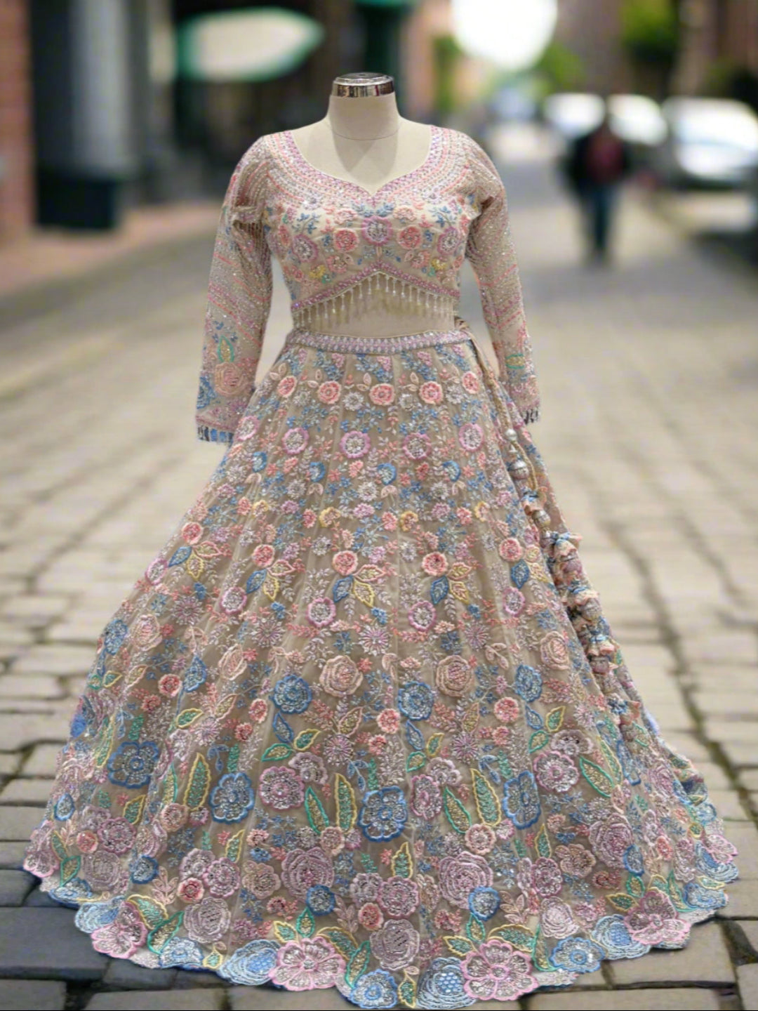 Cream Floral Embroidered Net Lehenga