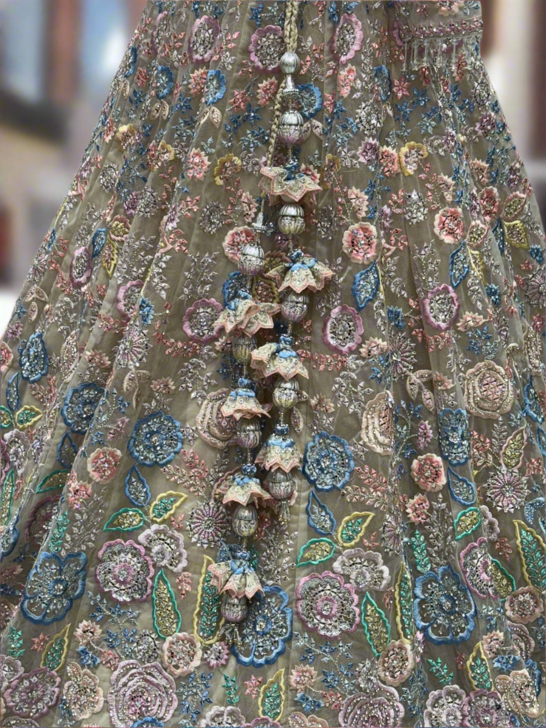 Cream Floral Embroidered Net Lehenga