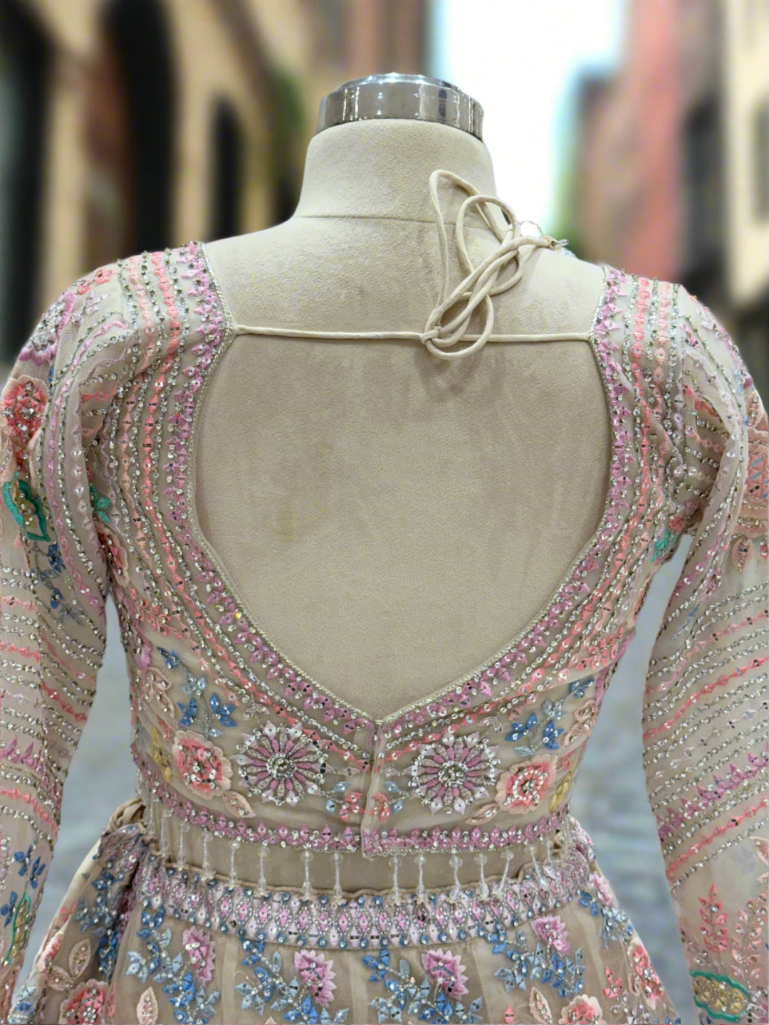 Cream Floral Embroidered Net Lehenga