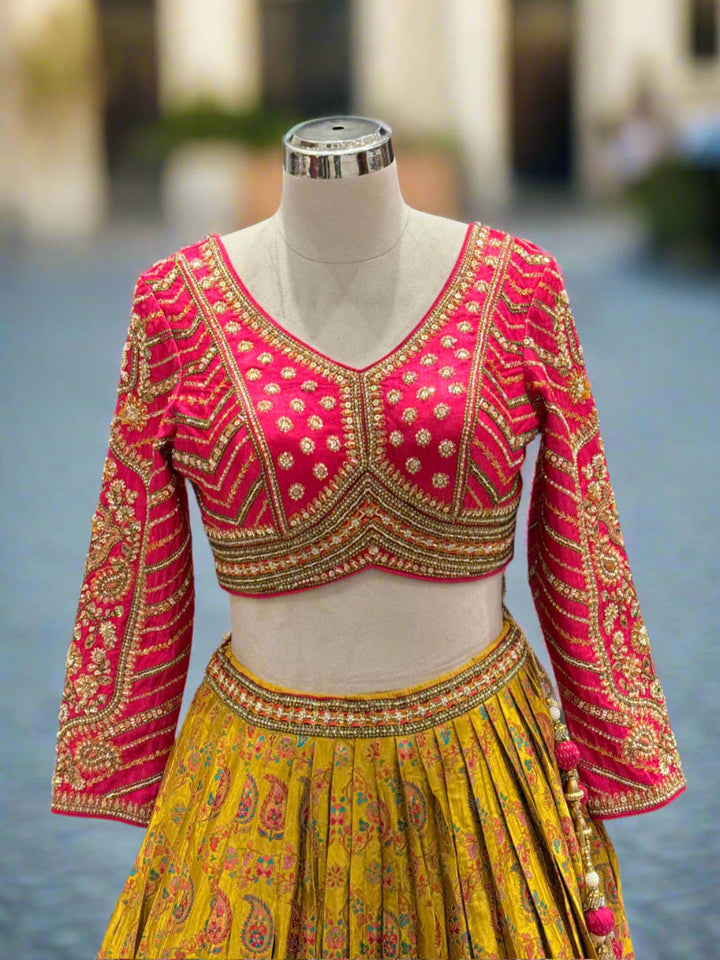 Vibrant Yellow Printed Silk Lehenga