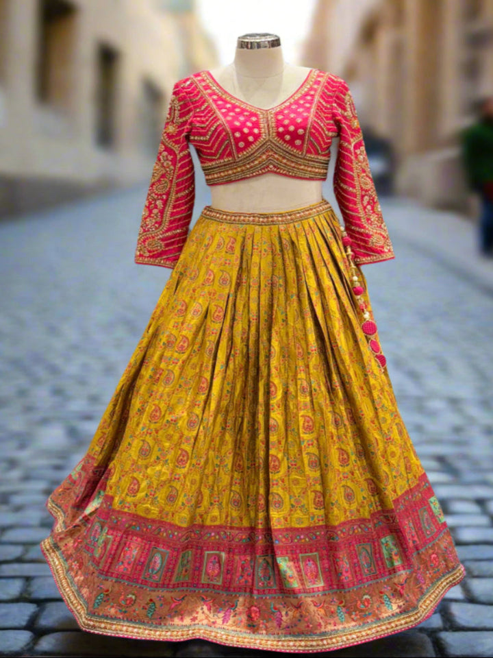 Vibrant Yellow Printed Silk Lehenga