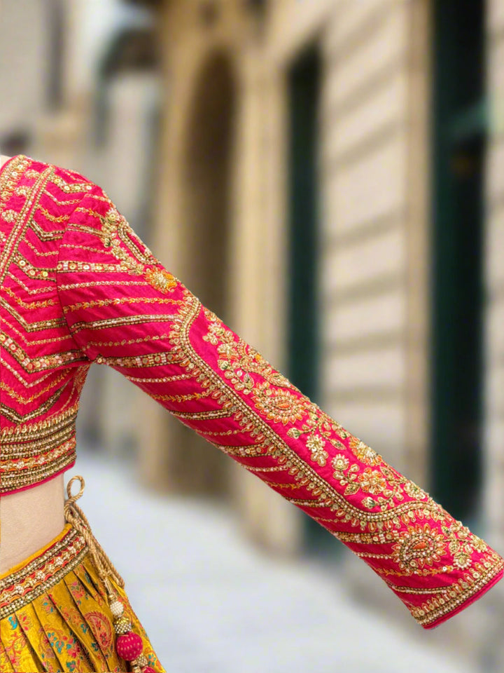Vibrant Yellow Printed Silk Lehenga