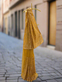 Golden Mustard Embroidered Organza Saree