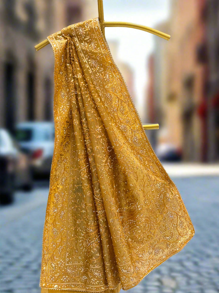 Golden Mustard Embroidered Organza Saree