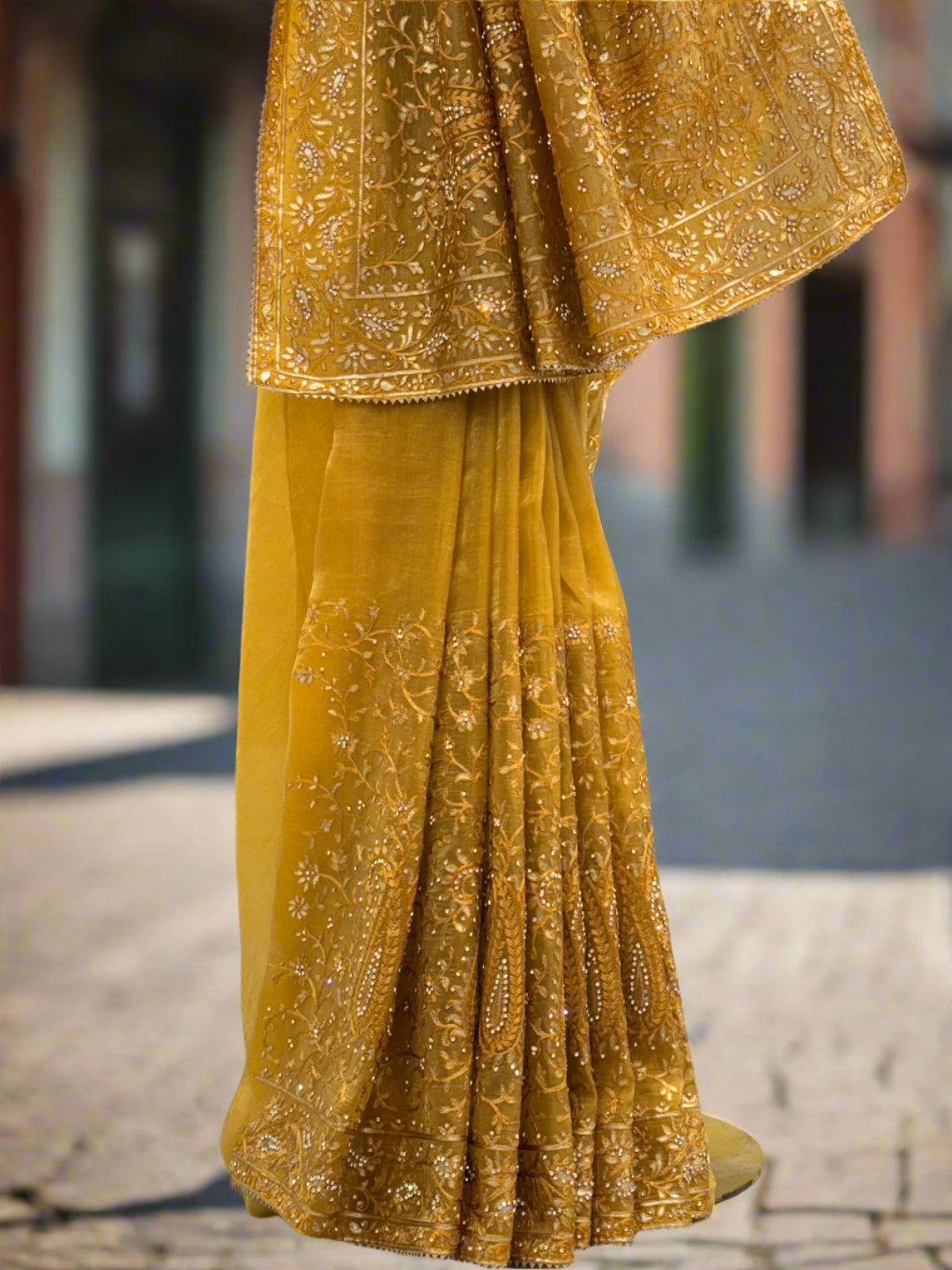 Golden Mustard Embroidered Organza Saree