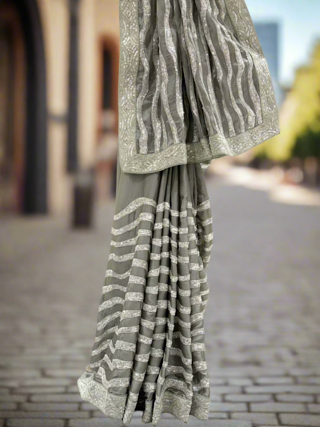 Olive Green Silk Sequinned Saree