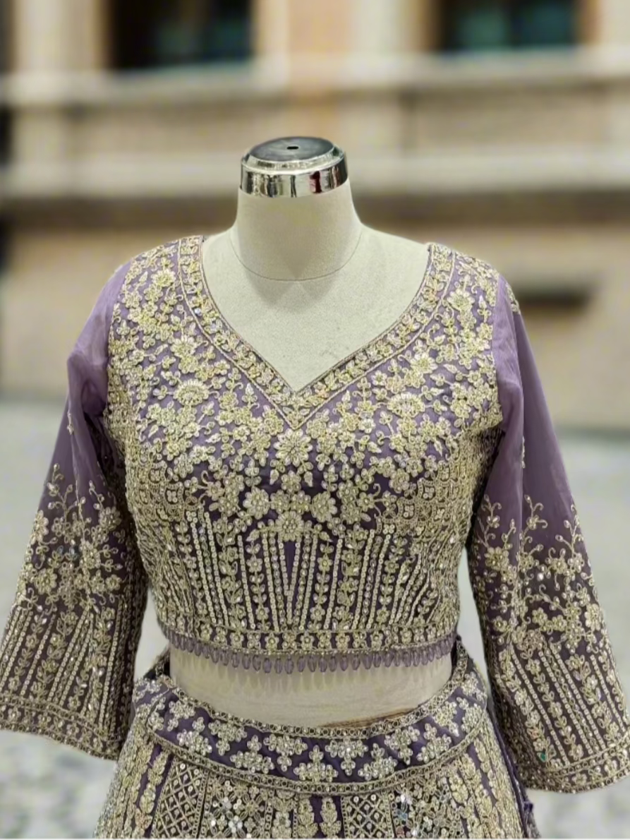 Lavender Embroidered Georgette Readymade Lehenga