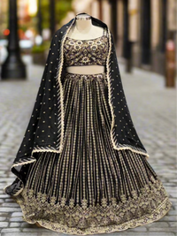 Black and Gold Embroidered Georgette Readymade Lehenga