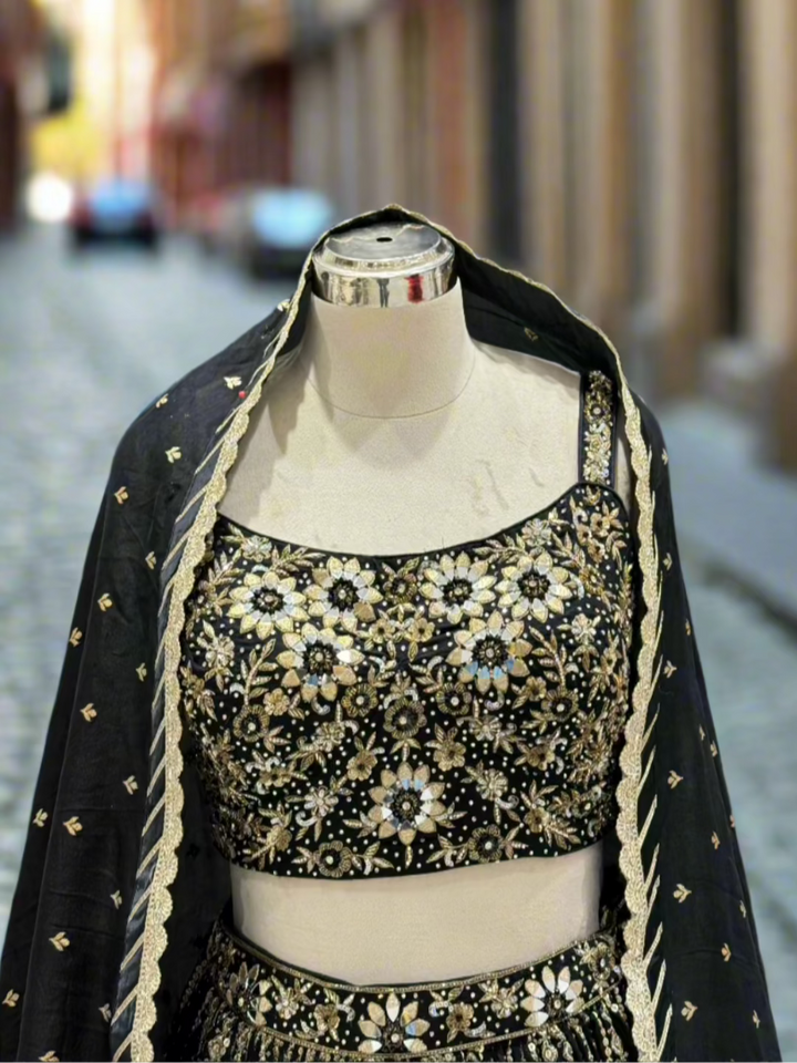 Black and Gold Embroidered Georgette Readymade Lehenga