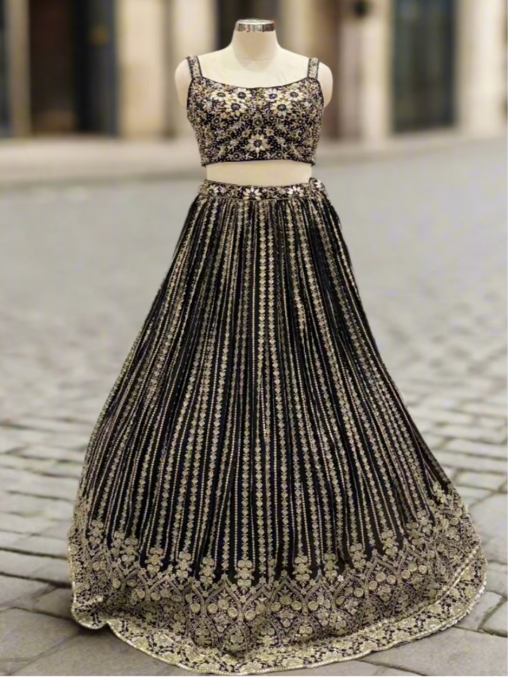 Black and Gold Embroidered Georgette Readymade Lehenga