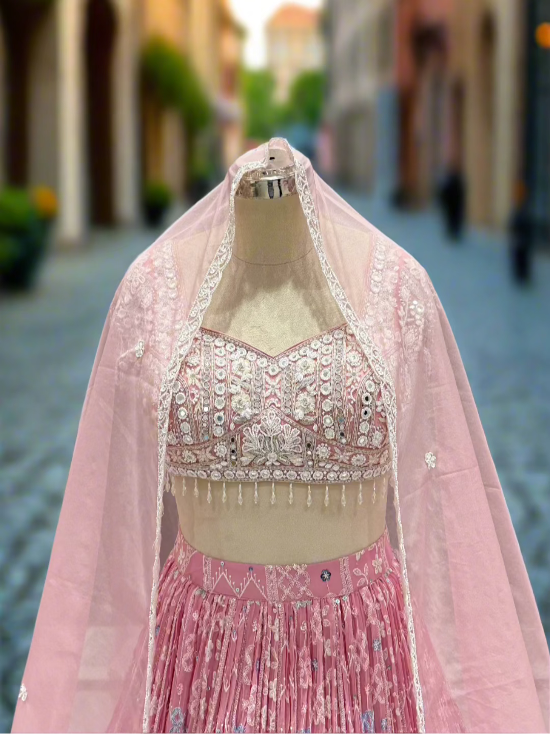 Blush Pink Embroidered Georgette Readymade Lehenga