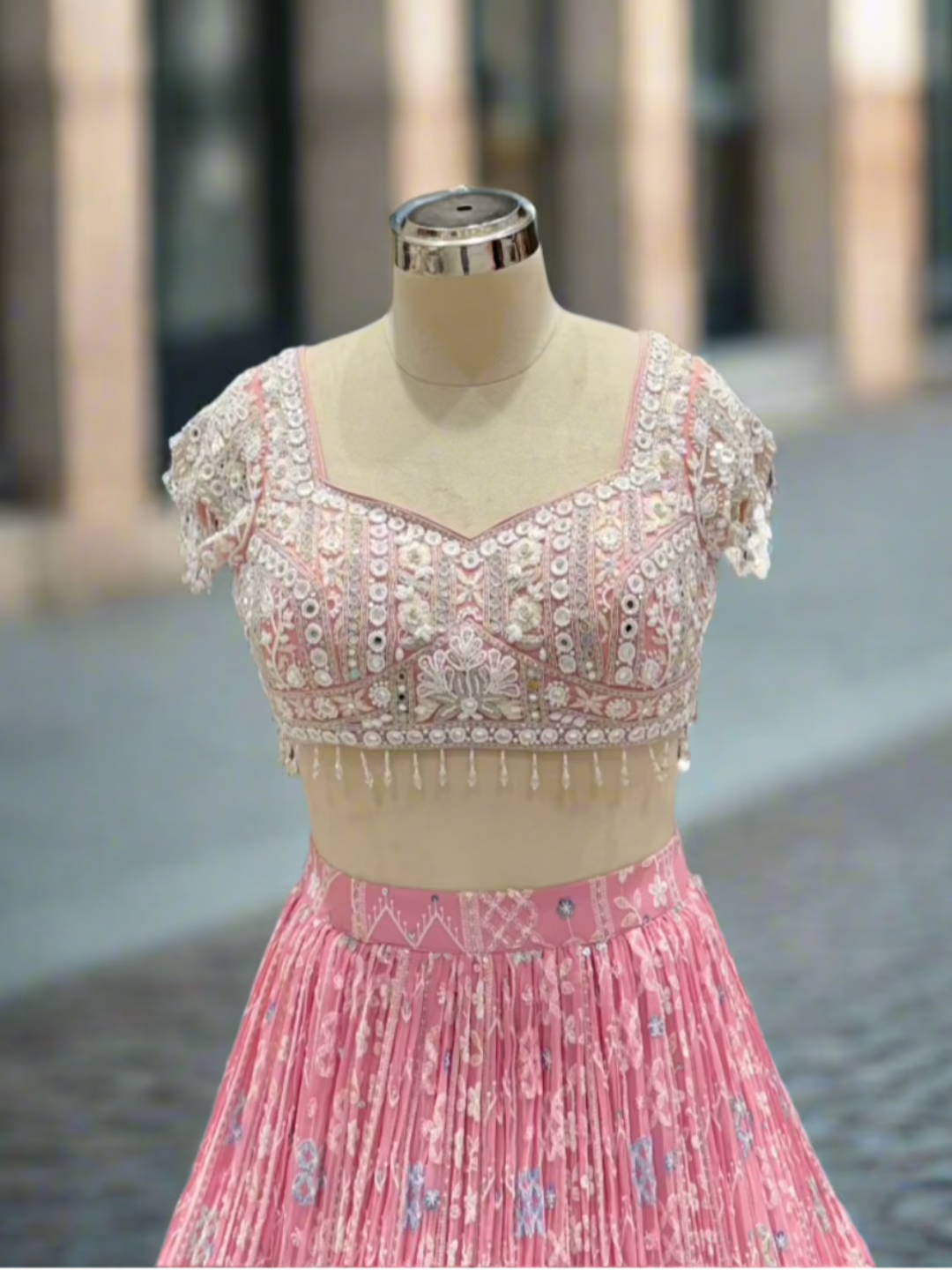 Blush Pink Embroidered Georgette Readymade Lehenga