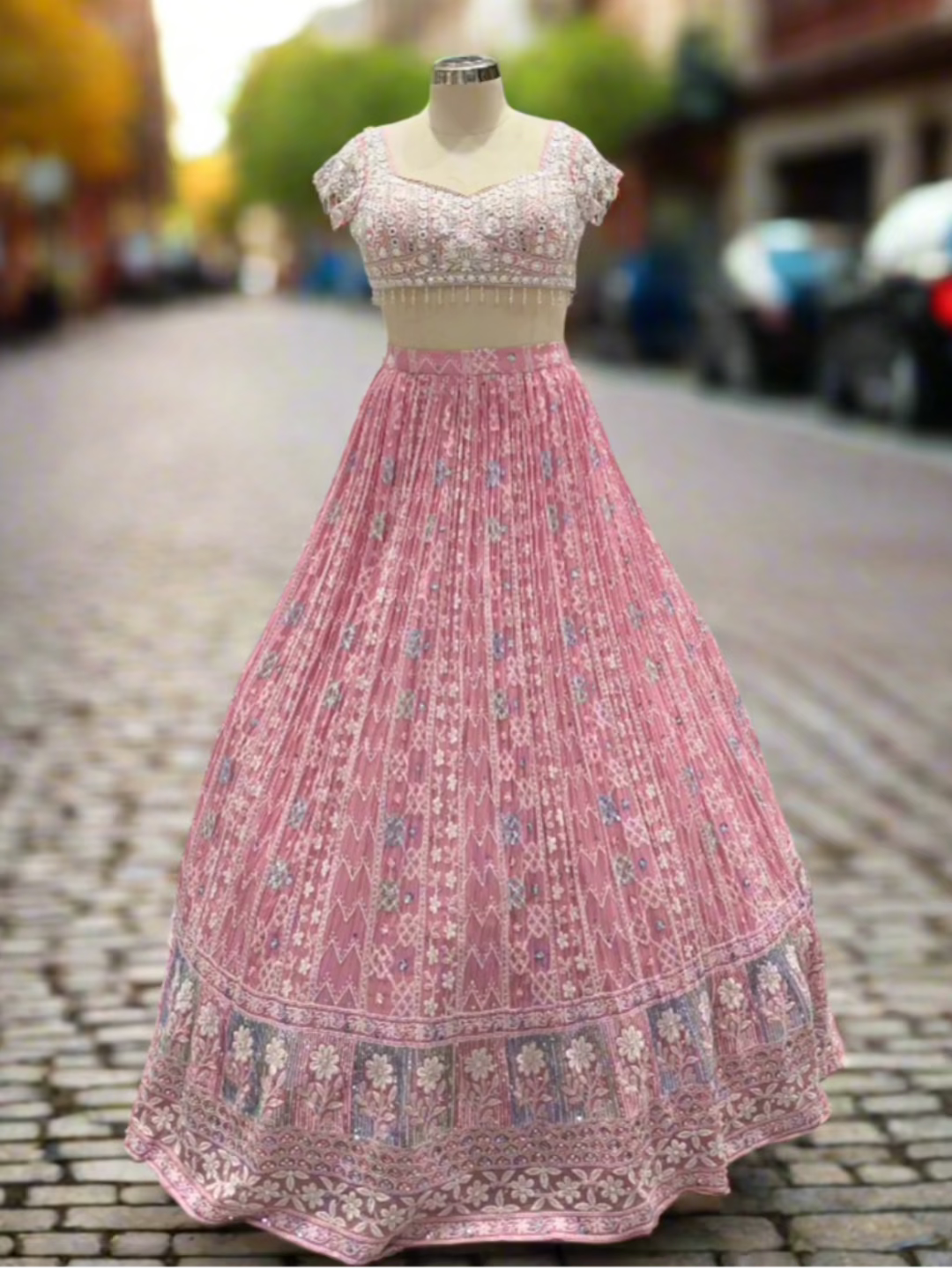Blush Pink Embroidered Georgette Readymade Lehenga