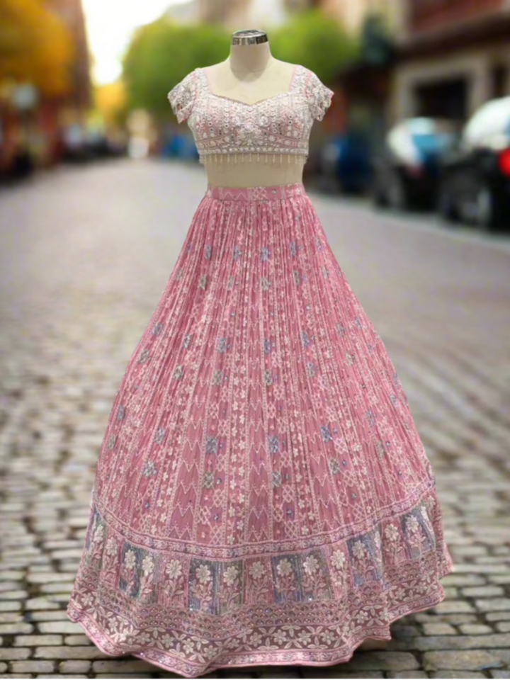 Blush Pink Embroidered Georgette Readymade Lehenga