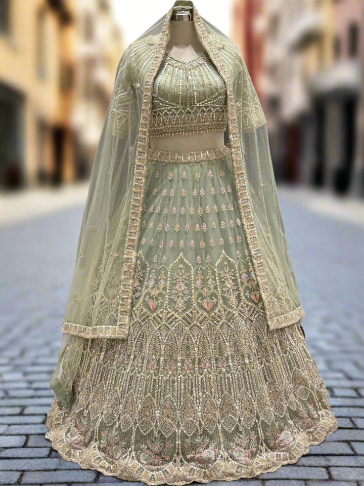 Sage Green Embroidered Net Readymade Lehenga